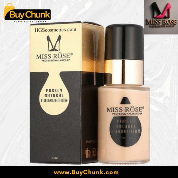 Miss Rose Purely Natural Foundation bottle next to its elegant packaging box