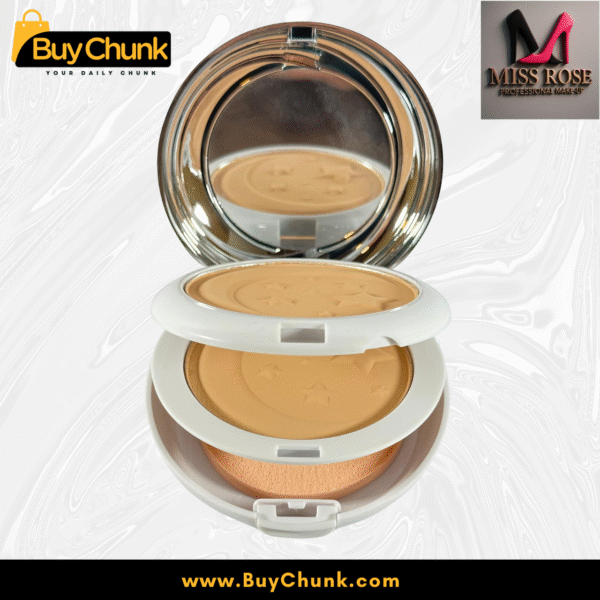 Miss Rose Compact Powder 2 in 1 Moon and Back open, highlighting the dual-layer design with built-in mirror and soft sponge applicator for convenient use.