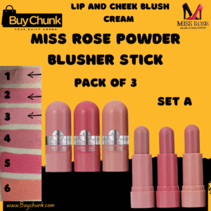 Pack of 3 Miss Rose Powder Blusher Stick Set A peachy‑coral closed tube with silver logo band
