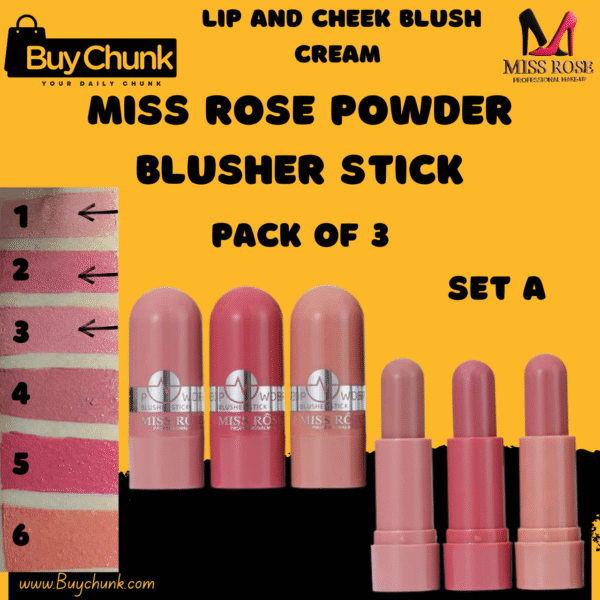 Pack of 3 Miss Rose Powder Blusher Stick Set A peachy‑coral closed tube with silver logo band