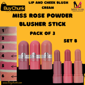 Pack of 3 Miss Rose Powder Blusher Stick Set B peachy‑coral closed tube with silver logo band