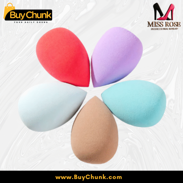 Tear‑drop and oval shape Miss Rose Beauty Blenders in blue, peach, purple, brown, red and white shades