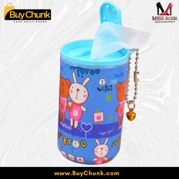 Mini Makeup Can Wipes with blue can featuring rabbit and bear design