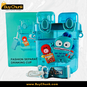 BPA-free dual compartment cartoon water bottle with strap included.