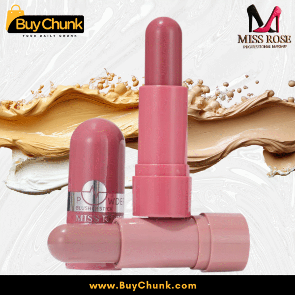 Swatch of six shades of Miss Rose Powder Blusher Stick on skin showing range of pink‑peach tones