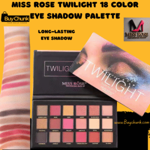 Open Miss Rose Twilight 18 Color eye shadow palette showing 18 shades: mattes, shimmers, duo‑chromes and glitter