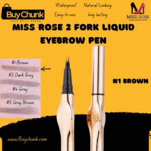 Miss Rose 2 Fork Liquid Eyebrow Pen Swatch of four shades (Brown #1, Dark Grey #3, Grey #4, Grey Brown #5) on skin tone strips