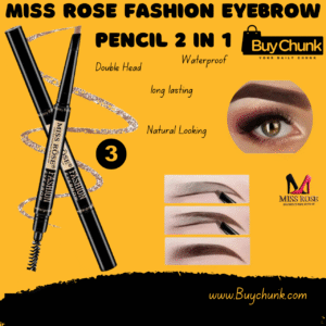 Miss Rose Fashion Eyebrow Pencil 2‑in‑1 displaying both slanted tip and spoolie brush—double‑ended for precision and blending