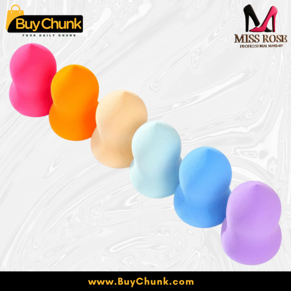 Miss Rose ergonomic curved beauty sponges in assorted pastel colors such as purple, orange, blue and peach