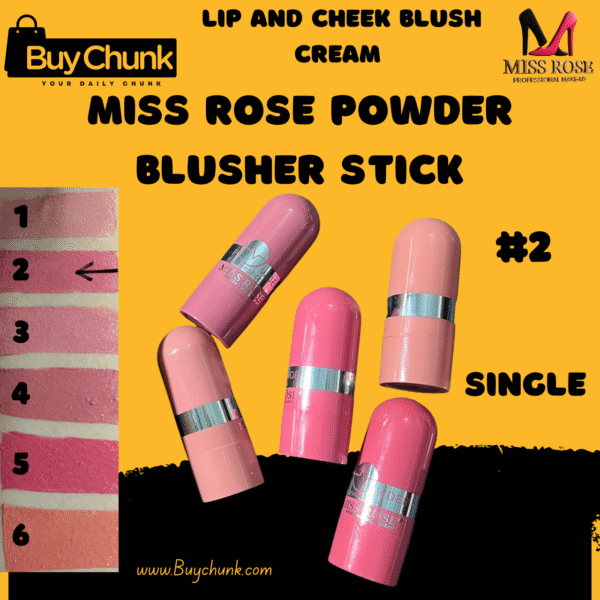 Swatch of shade #2 mid‑pink tone of Miss Rose Powder Blusher Stick Shade 2 on skin