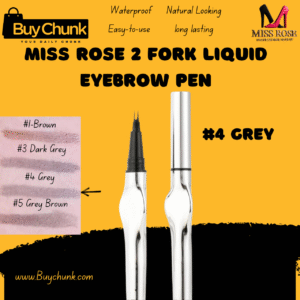 Miss Rose 2 Fork Liquid Eyebrow Pen Shade 4 Grey Swatch of four shades (Brown #1, Dark Grey #3, Grey #4, Grey Brown #5) on skin tone strips