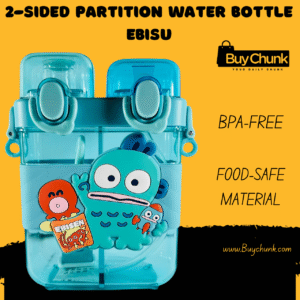 Front view of 2-Sided Partition Water Bottle Ebisu with cartoon design.