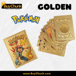 Golden Pokémon foil card pack with Ash and Pikachu design
