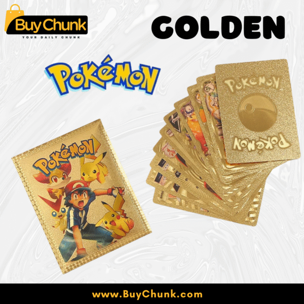 Golden Pokémon foil card pack with Ash and Pikachu design