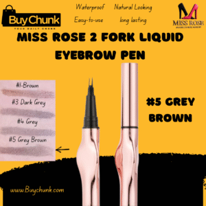 Miss Rose 2 Fork Liquid Eyebrow Pen Shade 5 Grey Brown Swatch of four shades (Brown #1, Dark Grey #3, Grey #4, Grey Brown #5) on skin tone strips