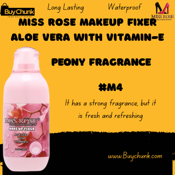 Miss Rose Makeup Fixer Aloe Vera with Vitamin-E M4 Poeny Fragrance bottle, front view