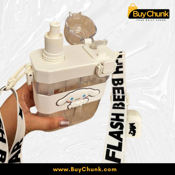 Flash Bear 2-Sided Partition Water Bottle held in hand with detachable strap