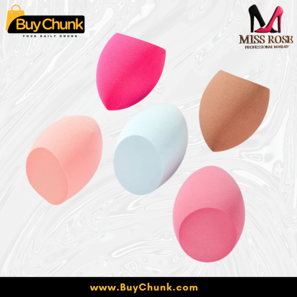 Five Miss Rose Beauty Blenders in pastel tones (pink, peach, white, blue, brown) displayed in star shape