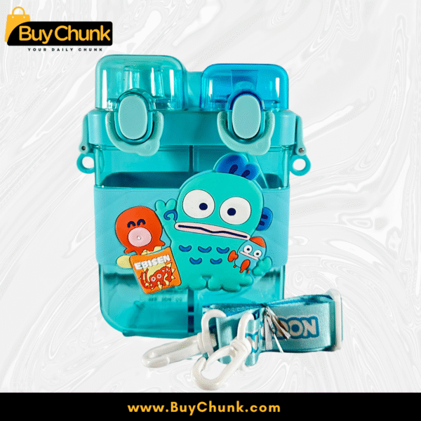 Cartoon Ebisu water bottle with detachable strap for easy carrying.