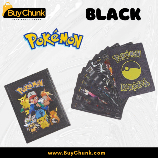 Black Pokémon foil card pack with Pikachu, Ash, and Raichu