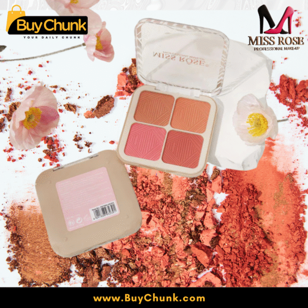 Back packaging of Miss Rose Flushed Pink 4‑color blush palette showing ingredient label barcode