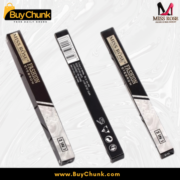 Close‑up of Miss Rose Fashion Eyebrow Pencil’s sleek black and gold packaging with embossed logo
