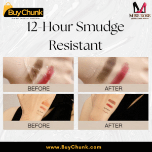Before and after swatch showing 12-hour smudge resistance of Miss Rose makeup fixer