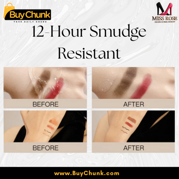 Before and after swatch showing 12-hour smudge resistance of Miss Rose makeup fixer