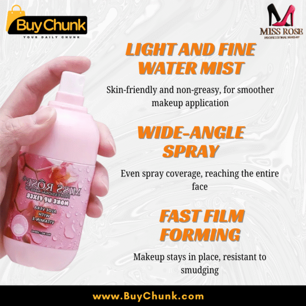 Close-up of hand spraying Miss Rose makeup fixer showing fine mist spray
