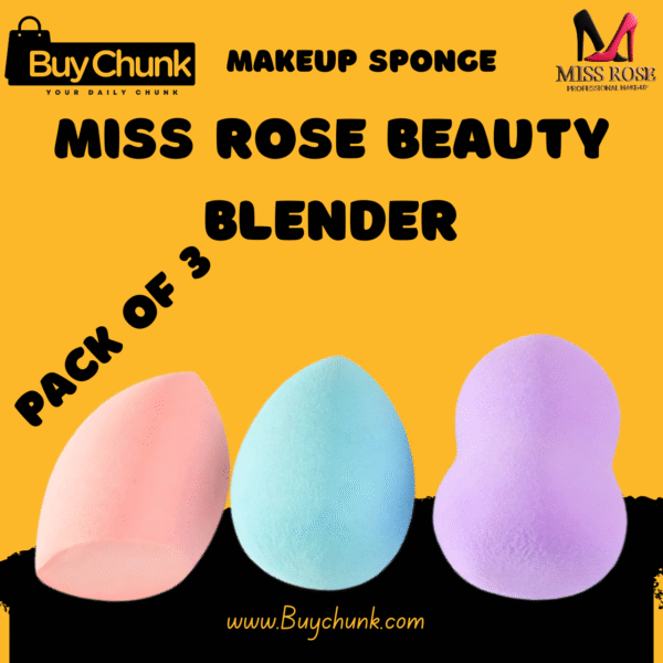 Pack of 3 Miss Rose Beauty Blender in bright pink with BuyChunk and Miss Rose logos