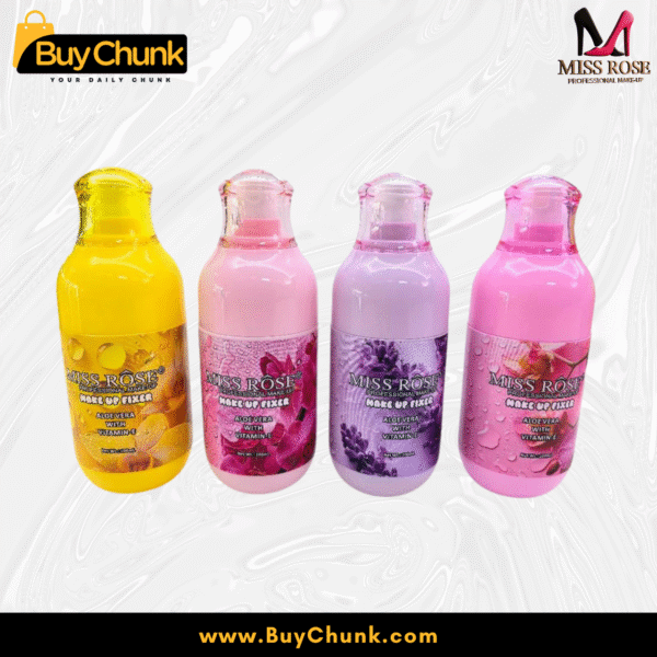 Four variants of Miss Rose makeup fixer aloe vera with vitamin-e bottles lined up