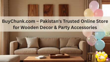 BuyChunk.com banner showcasing wooden décor & party accessories in Pakistan