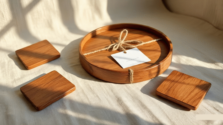 Giftable wooden tray and coaster set from Pakistan with neat finish