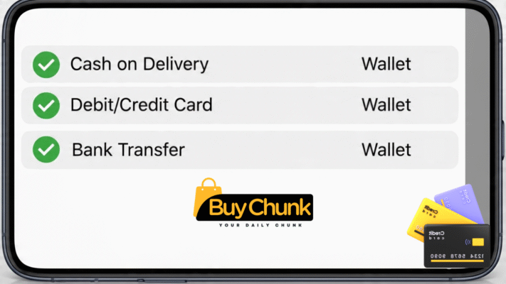 BuyChunk checkout screen showing COD and digital payment options in Pakistan