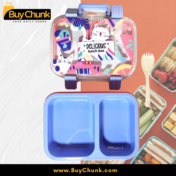Cute Cartoon Cat Kids Lunch Box for School – BPA-Free, 2-Section Food Container with Built-In Spoon | Transparent & Durable Kids Meal Box