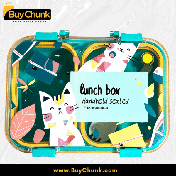 Adorable Cat-Themed Kids Lunch Box for School – BPA-Free, 2-Section Food Container with Built-In Spoon | Transparent & Durable Design