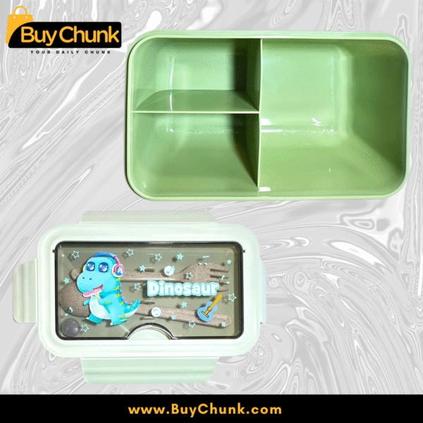 Fun Dinosaur-Themed Kids Lunch Box for School – BPA-Free, 3-Section Food Container with Built-In Spoon | Transparent & Leak-Proof Design