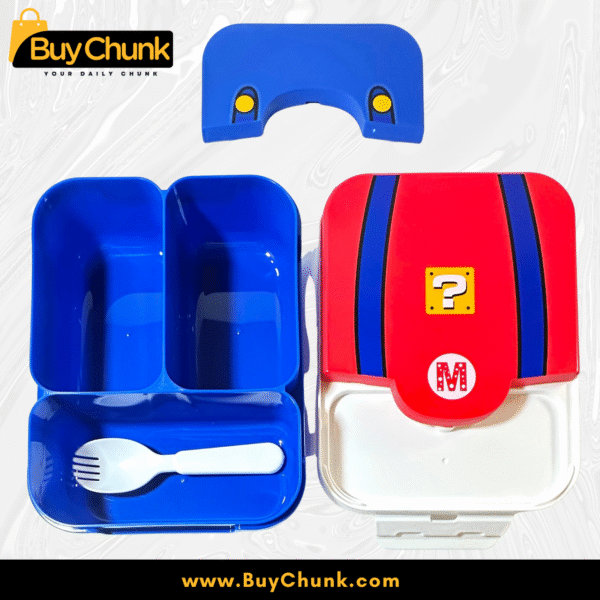 Super Mario Lunch Box for Kids Large, 3-Section BPA-Free Food Container with Built-In Spoon | Cute School Lunch Box with Red & Blue Design