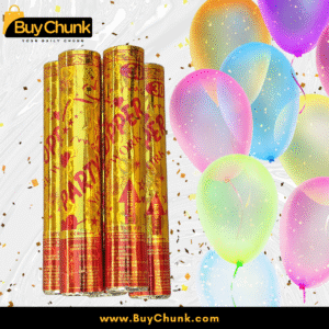 Golden Party Popper tube with bold red text and shiny golden wrapper