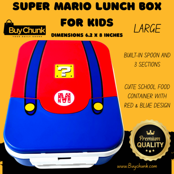 Super Mario Lunch Box for Kids Large, 3-Section BPA-Free Food Container with Built-In Spoon | Cute School Lunch Box with Red & Blue Design