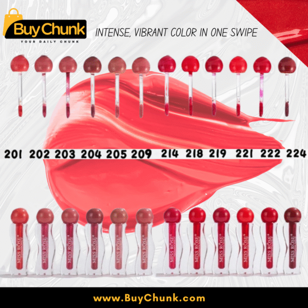 Multiple bottles of Miss Rose Seaweed Lip Gloss 201 coral shade arranged neatly