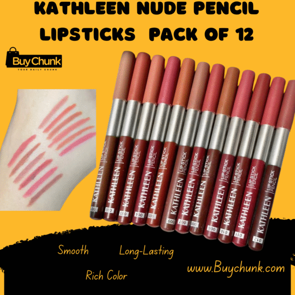KATHLEEN Nude Pencil Lipsticks Pack Of 12 | Flawless Shades for Natural & Everyday Glamour