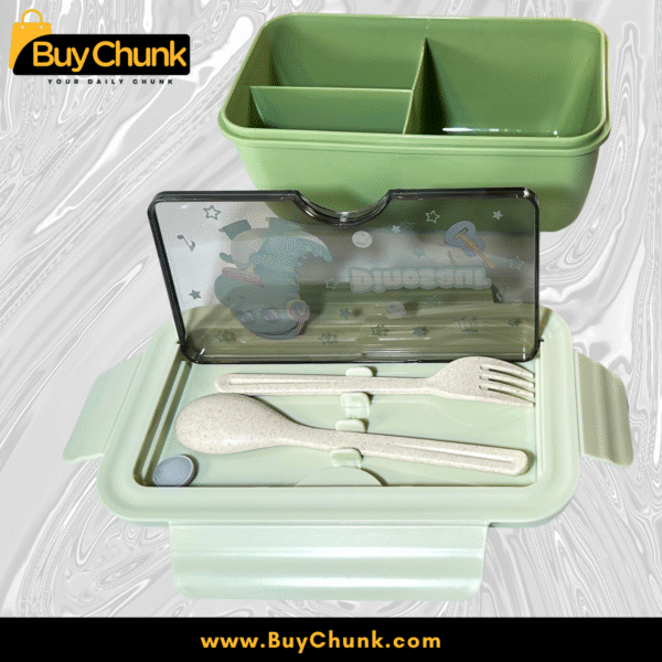 Fun Dinosaur-Themed Kids Lunch Box for School – BPA-Free, 3-Section Food Container with Built-In Spoon | Transparent & Leak-Proof Design
