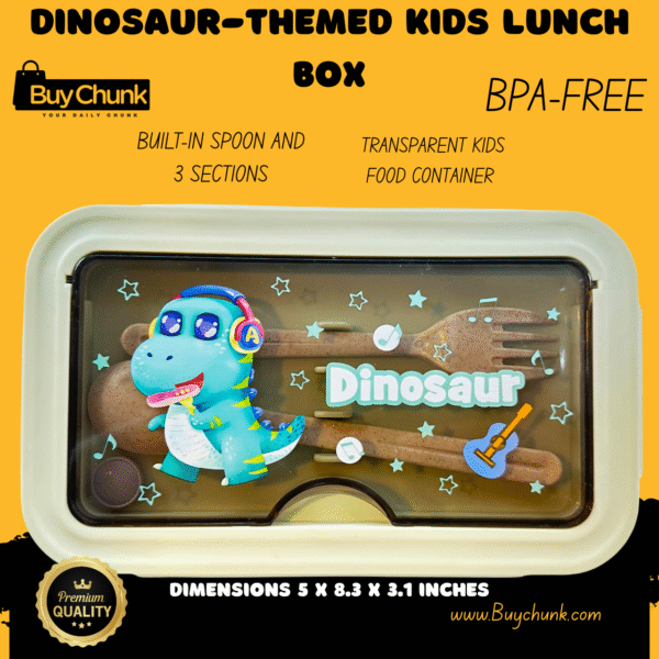 Fun Dinosaur-Themed Kids Lunch Box for School – BPA-Free, 3-Section Food Container with Built-In Spoon | Transparent & Leak-Proof Design