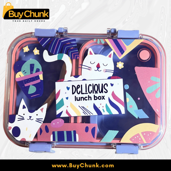 Cute Cartoon Cat Kids Lunch Box for School – BPA-Free, 2-Section Food Container with Built-In Spoon | Transparent & Durable Kids Meal Box