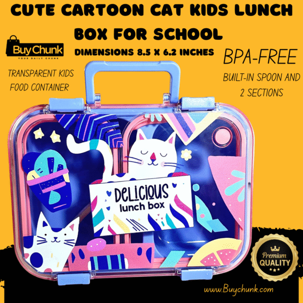 Cute Cartoon Cat Kids Lunch Box for School – BPA-Free, 2-Section Food Container with Built-In Spoon | Transparent & Durable Kids Meal Box