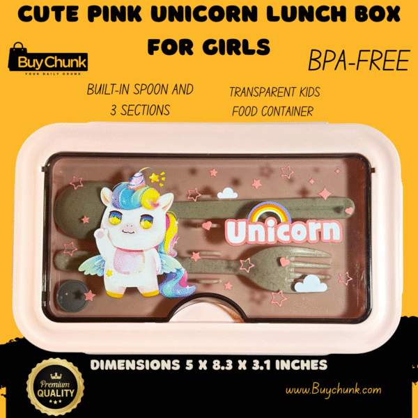 Cute Pink Unicorn Lunch Box for Girls BPA-Free, 3-Section Kids Food Container with Built-In Spoon | Transparent & Magical Design
