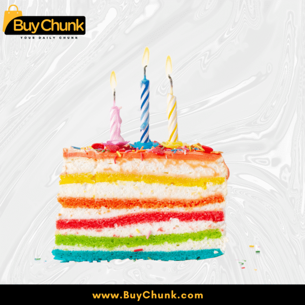 Colourful birthday cake slice decorated with Multicolor Birthday Candle.