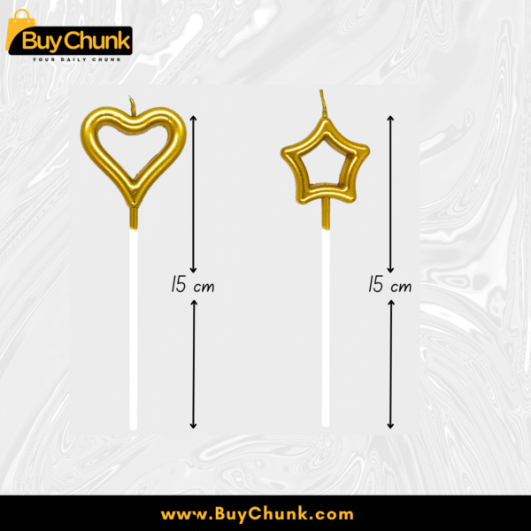 Golden Heart & Star Cake Candles shaped measuring 15 cm each for decoration.