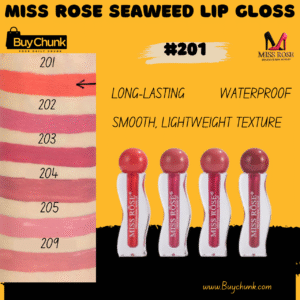 Swatch of Miss Rose Seaweed Lip Gloss – Shade 201 coral tone on skin